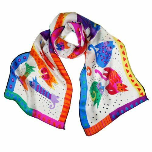 Wrapables Vibrant 100% Silk Long Scarf 51" x 10.5", Rainbow Felines on White