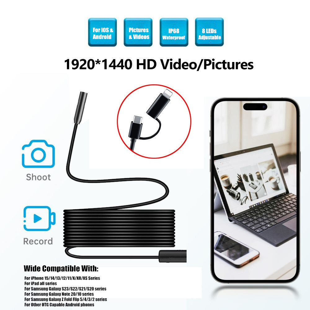 USB-C Endoscope Inspection Camera Direct Plug For iOS iPhone 15/14/13/12 Android
