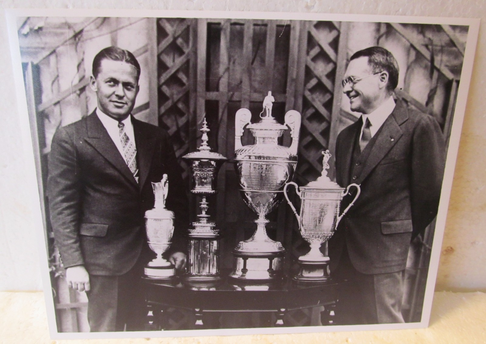 8" x 10" PHOTO OF BOBBY JONES AND HIS 4 GRAND SLAM TROPHIES-2ND GENERATION