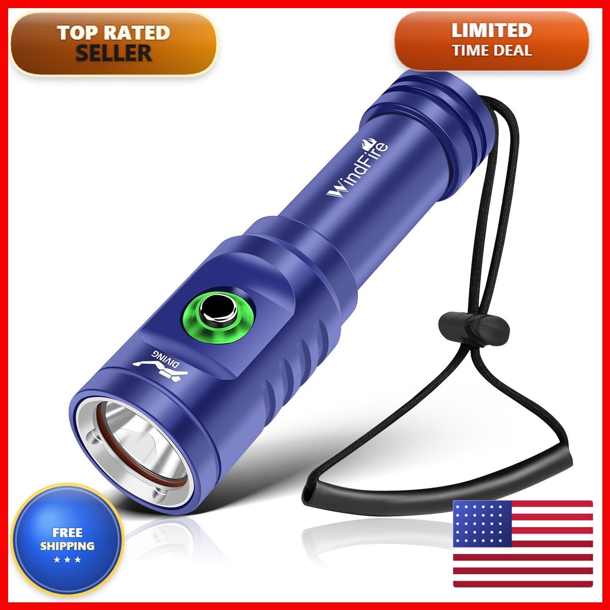 WINDFIRE TS08 Rechargeable Diving Flashlight 3-Mode Scuba Light
