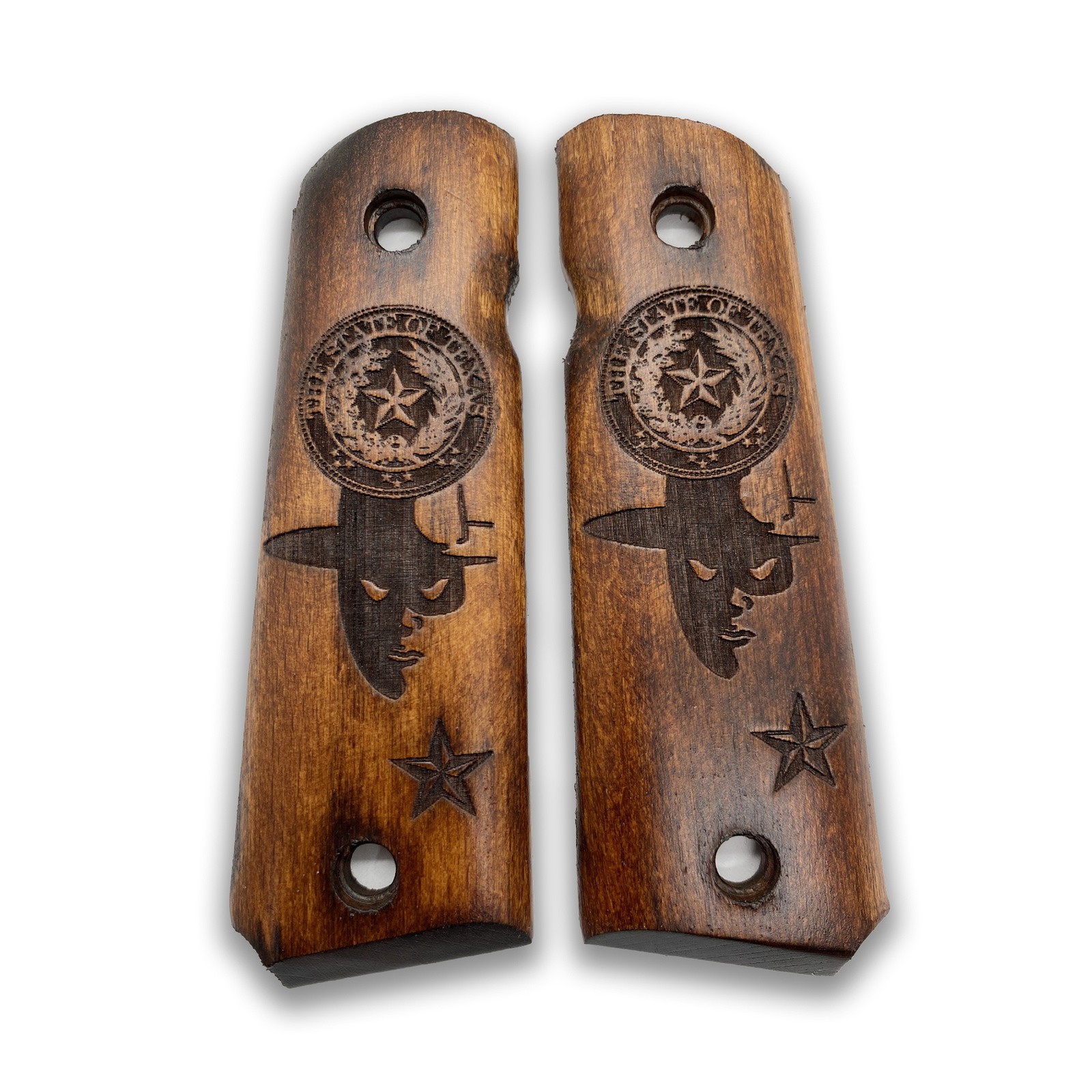Colt 1911 Walnut Grips - Texas State Seal Longhorn Cattle Western Heritage - Mul