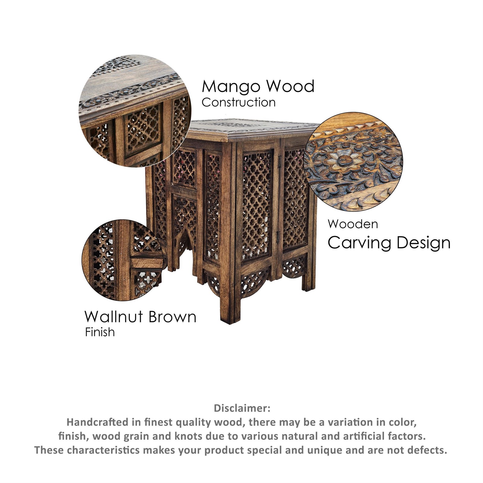 21 Inch Boho Side End Table- Floral Carved Details- Foldable Panel Legs