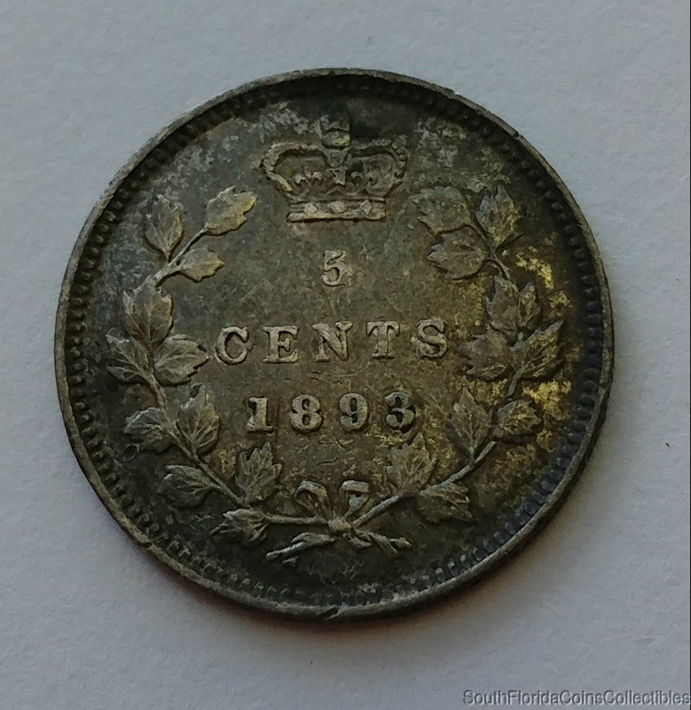 1893 Die Crack Canada 5 Five Cent .925 Silver Coin About Uncirculated