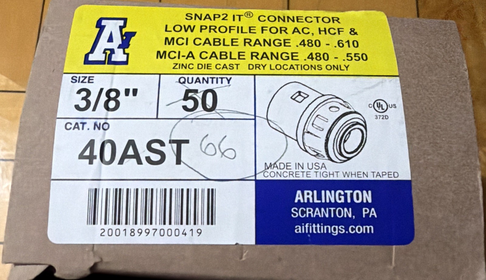 (66 connectors)  ARLINGTON 40 AST SNAP2 IT 3/8” CONDUIT CABLE CONNECTOR