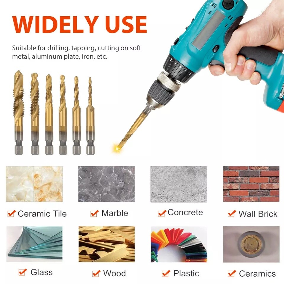 12PCS 1/4" HSS Hex Shank Titanium Plated Screw Thread Drill Bits Set M3-M10 Tap