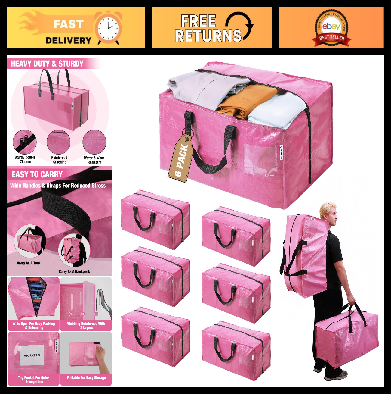 Extra Large Heavy Duty Moving Bags - 6 Pack with Backpack Straps & Double Zipper
