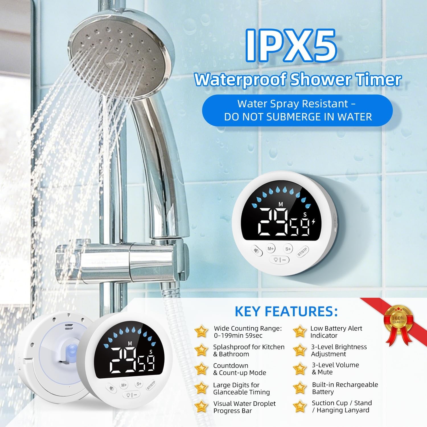Waterproof Shower Countdown Timer: Large LED Display, ADHD Tool for Kids Adults,