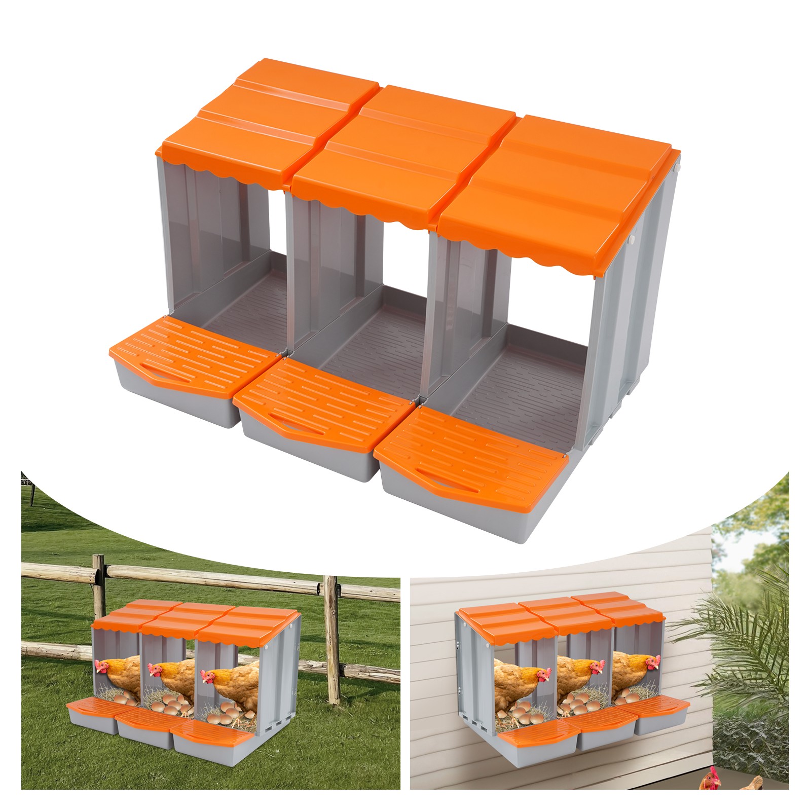 Chicken Coop Nesting Boxes 3 Hole PP Chicken Egg Laying Box with Lid Cover