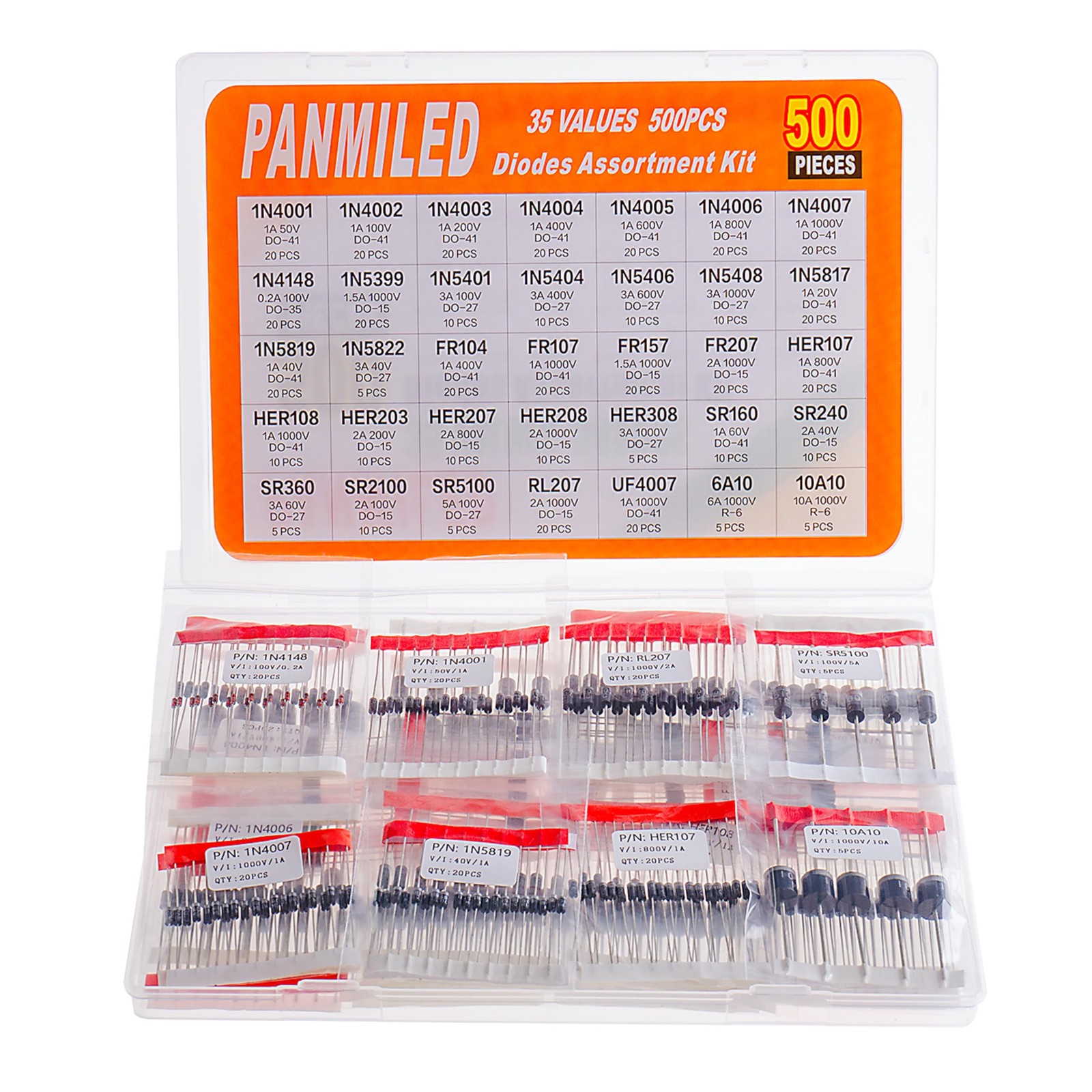 35 Values 500 Pcs Rectifier Schottky Diode Kit 1N4001 1N4002 1N4003 1N4004...