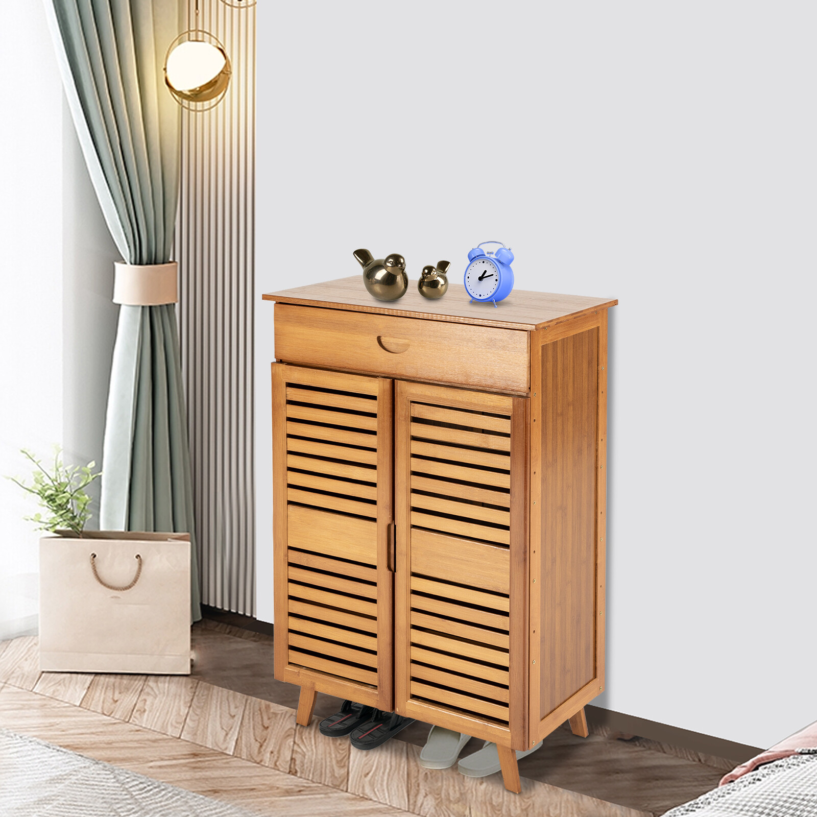 4-Tiers Bamboo Shoe Cabinet Entryway Hallway Rectangular Shoe Storage Cabinet