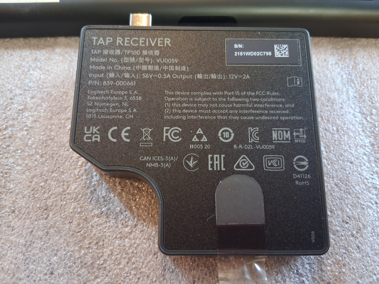LOGITECH TAP VU0053 TOUCH CONTROLLER w/ TAP RECEIVER TP100 VU0059
