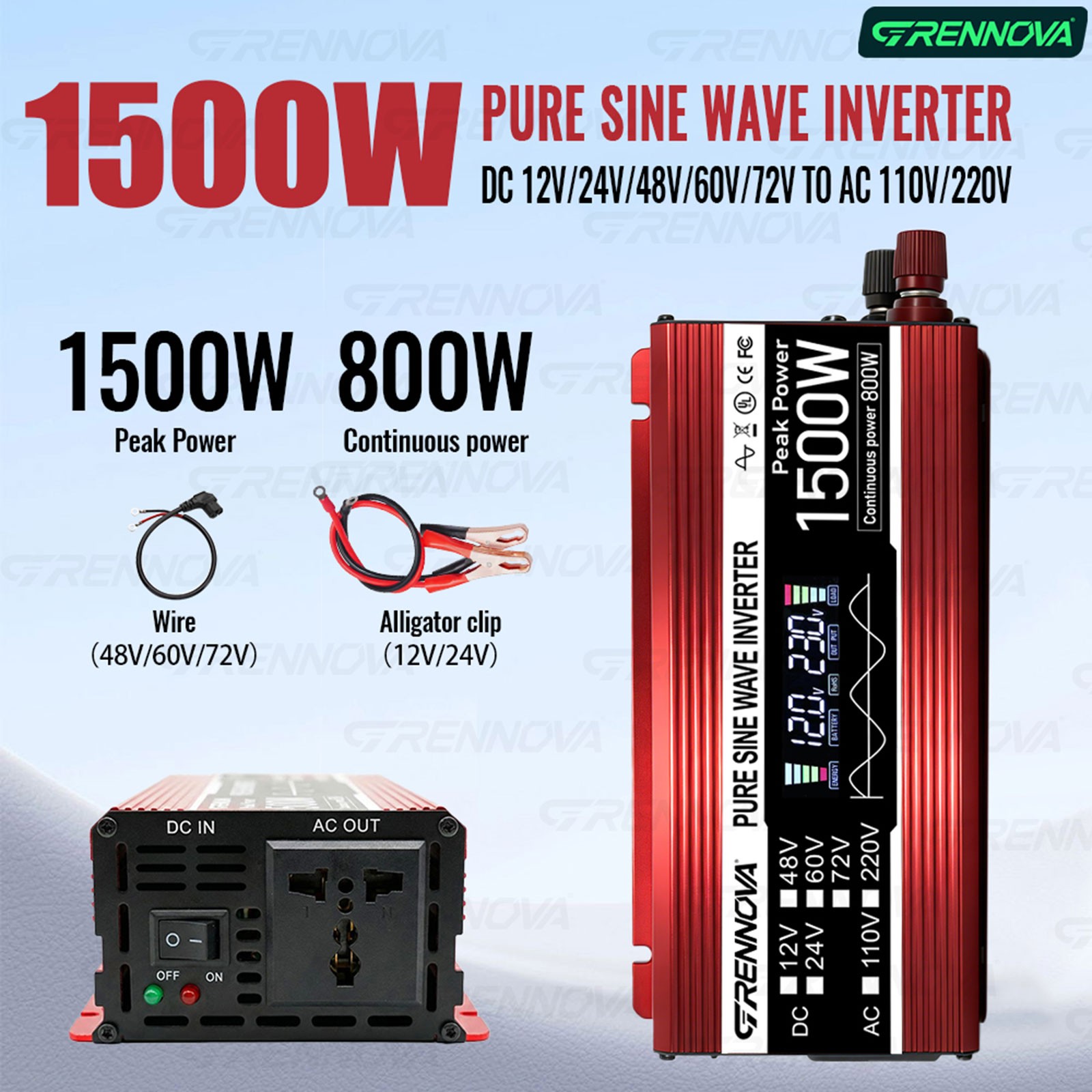 Grennova 1500W PSW Inverter DC 12V/24V/48V/60V/72V to AC 110V/220V for Home