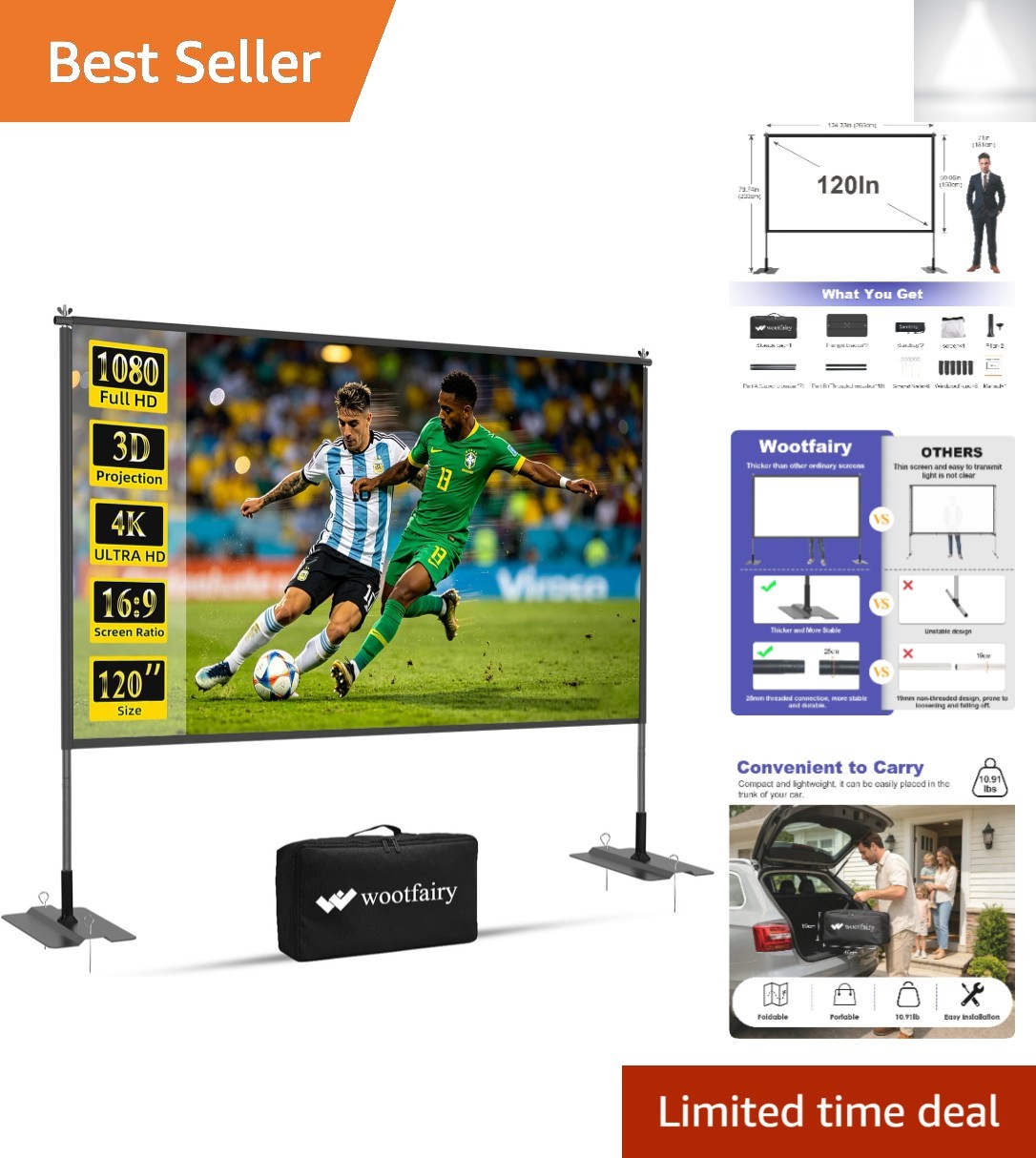Sturdy 120-Inch 16:9 Projector Screen with Carry Bag for Indoor & Outdoor Fun
