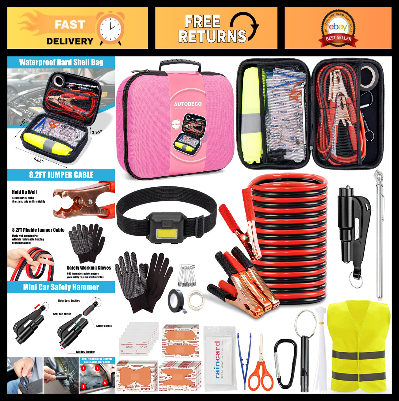 Emergency Car Roadside Kit - Portable Safety Essentials for Men & Women, Pink