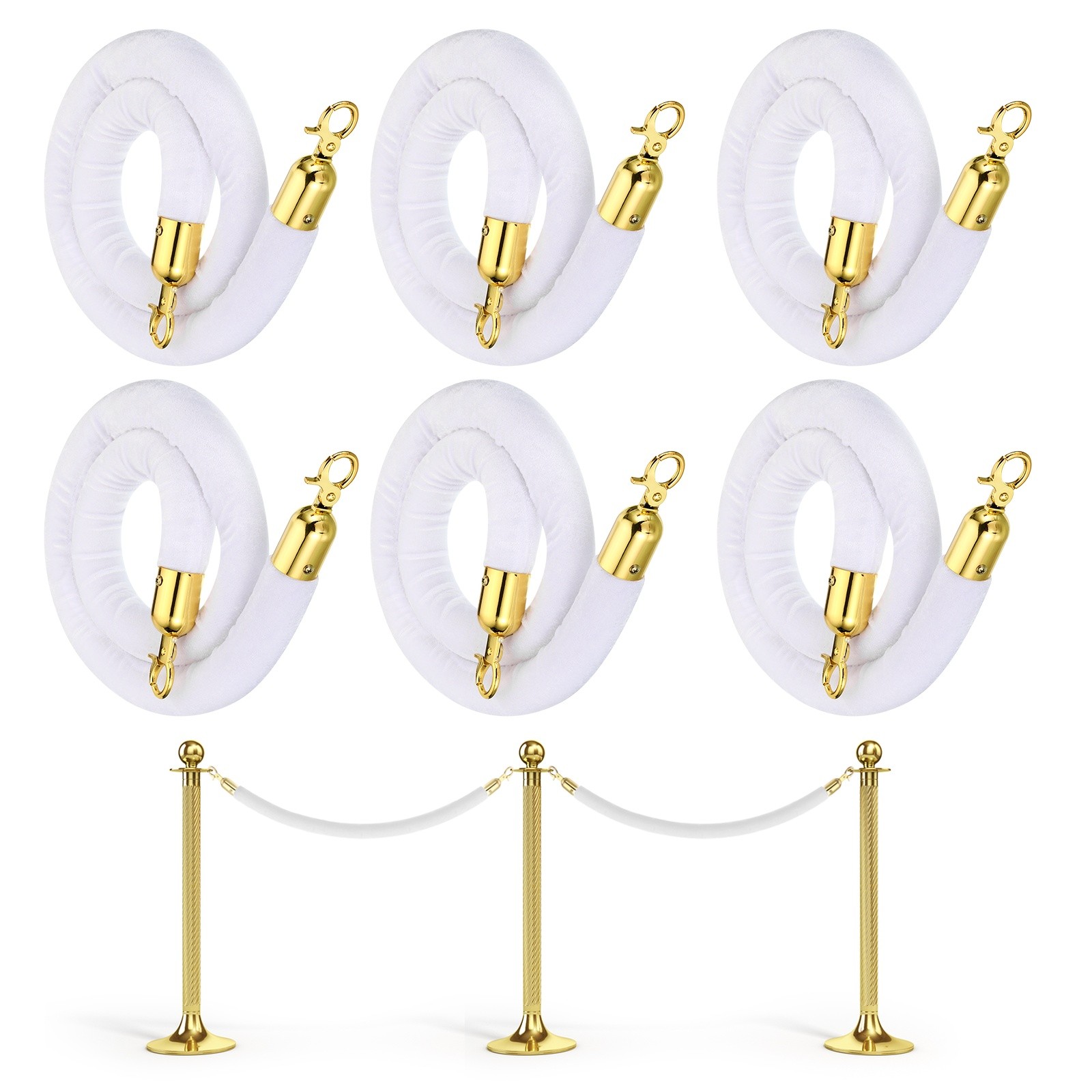 6Pcs 4 Feet White Velvet Stanchion Rope Crowd Control Barrier Rope Golden