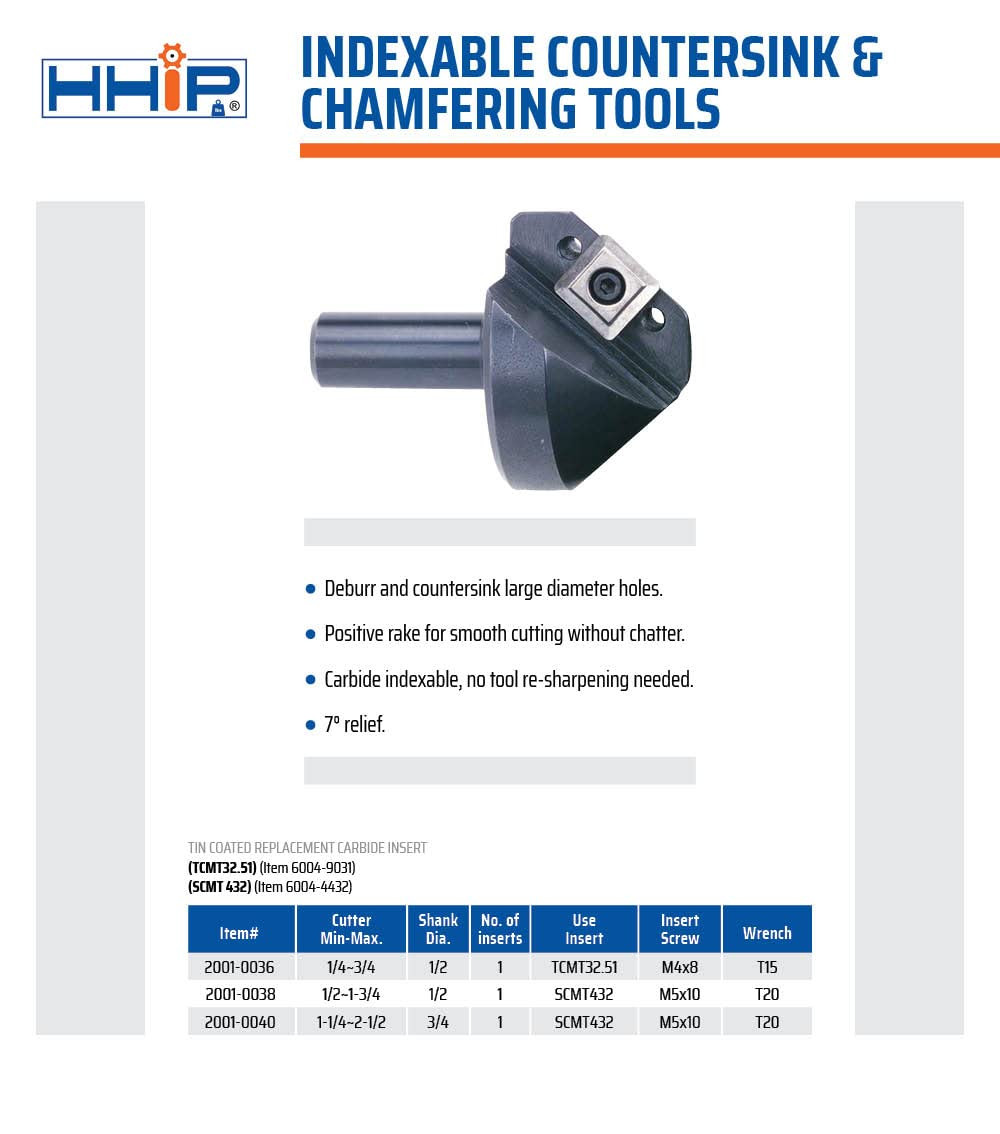 2001-0038 1/2-1-3/4 Inch Indexable Countersink & Chamfer Tool, 82 Degree