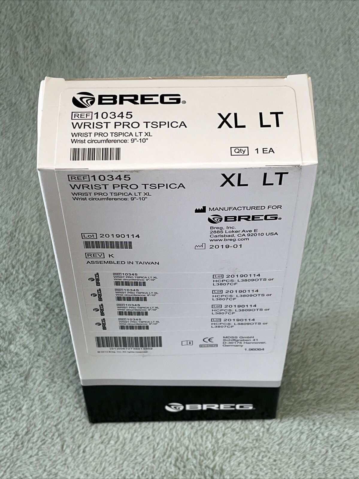 Wrist Brace Breg Pro 10345 XL LEFT w/Thumb Spica NIB SEALED Fits Wrist Sz 9"-10"