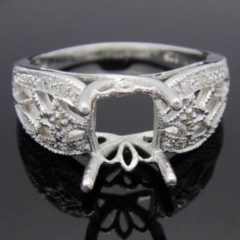 6mm Cushion Shape Semi Mount Ring Sterling Silver Vintage Bridal Wedding Ring