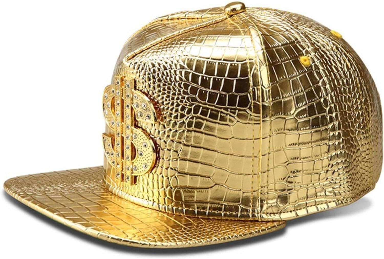 Hip Hop Hat,Flat-Brimmed Hat,Rock Cap,Adjustable Snapback Hat One Size, Gold