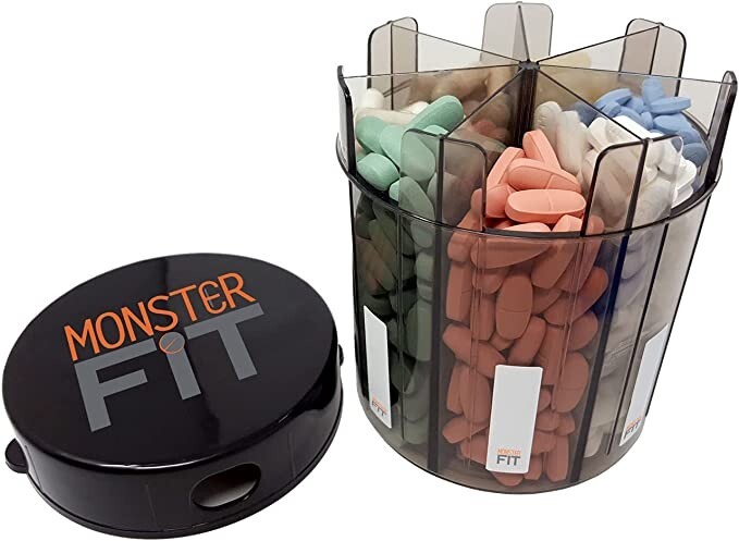 Monster Supplement Medication Pill Dispenser with Compartment Labels - 2 Pack