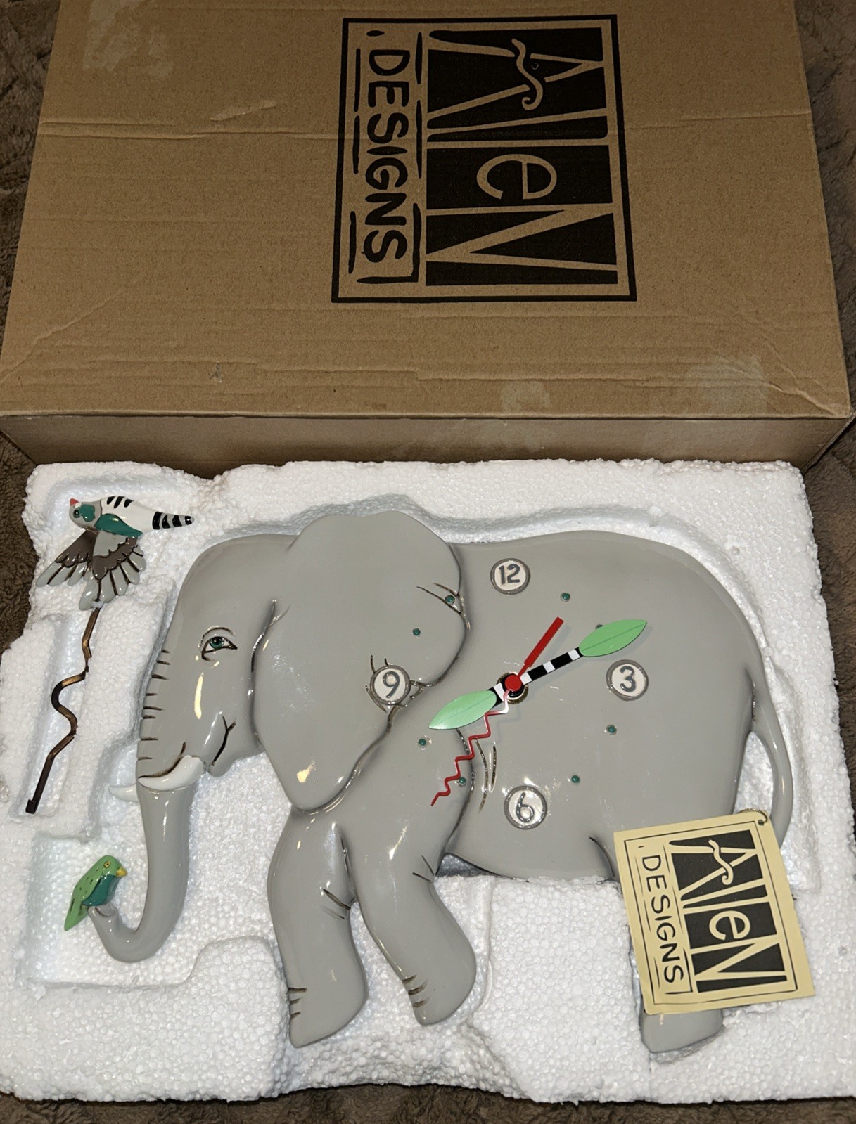 ALLEN DESIGNS Elephant Wall Clock  Kid Room Art Decor Birds NIB