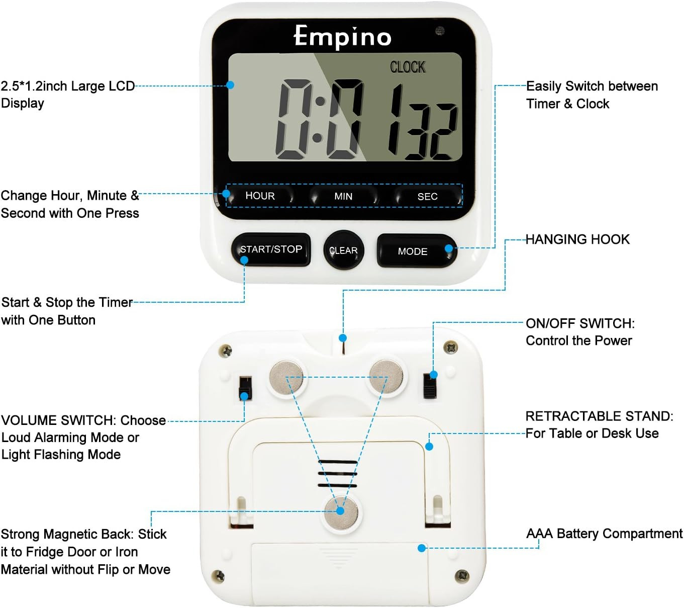 Digital Kitchen Timer - Empino Upgraded 24-Hours Cooking Timer Clock Countdown M