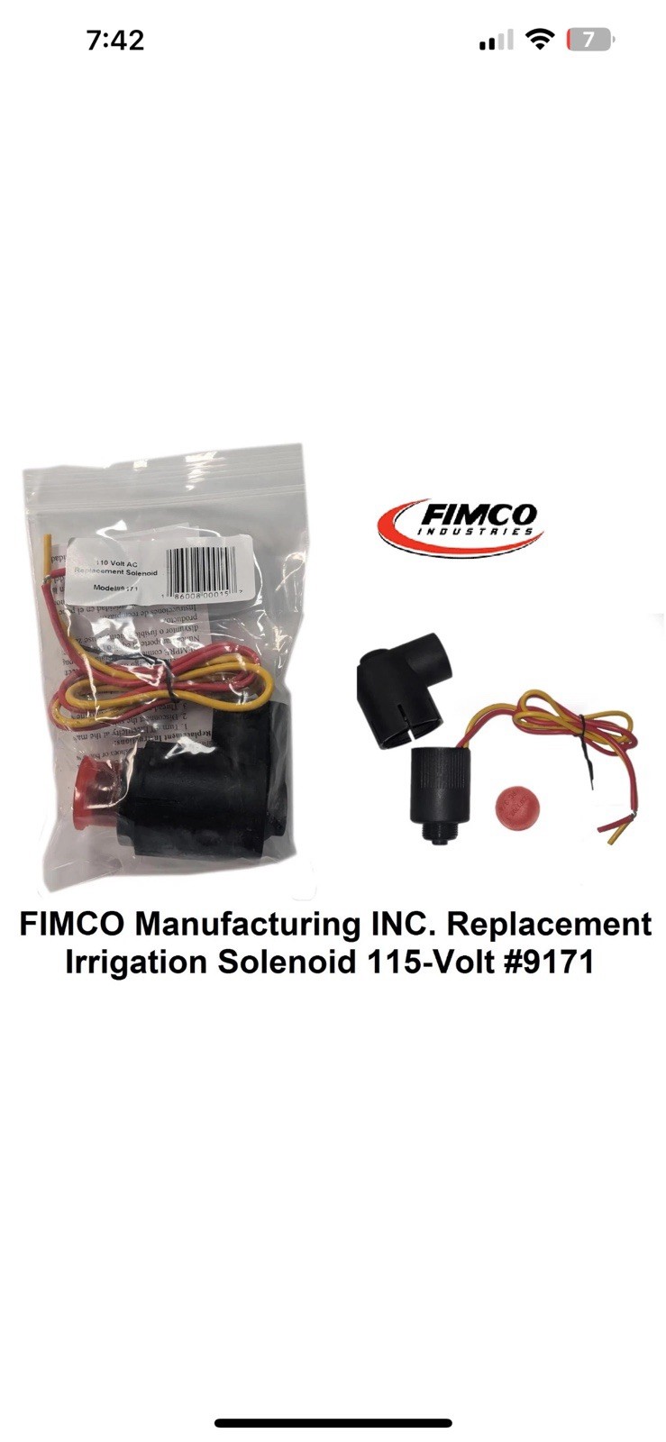 FIMCO Manufacturing INC. Replacement Irrigation Solenoid 115-Volt #9171 NEW