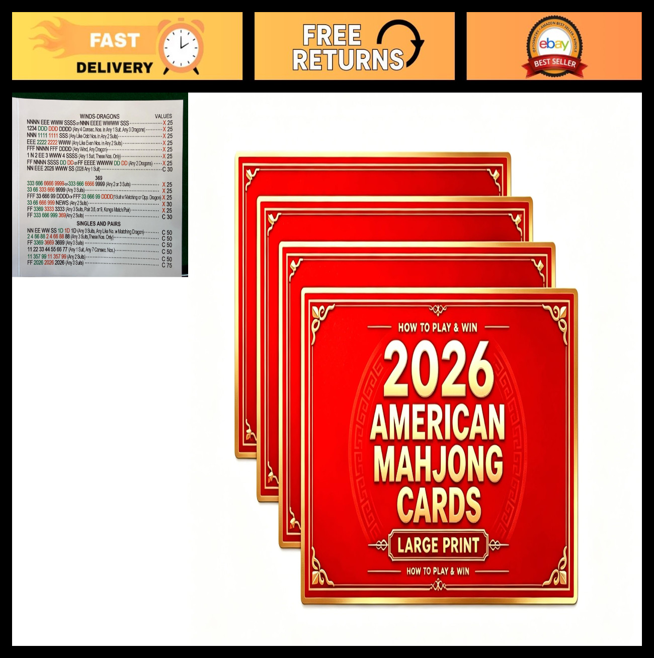 Large Print Mah Jong Cards - Official 2026 NMJL Revision - Set of 4 PCS