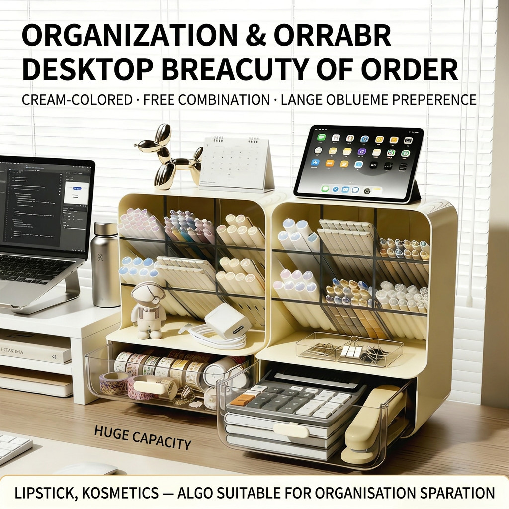 Multi-Compartment Desktop Organizer ABS Plastic for Cosmetics & Office Supplies