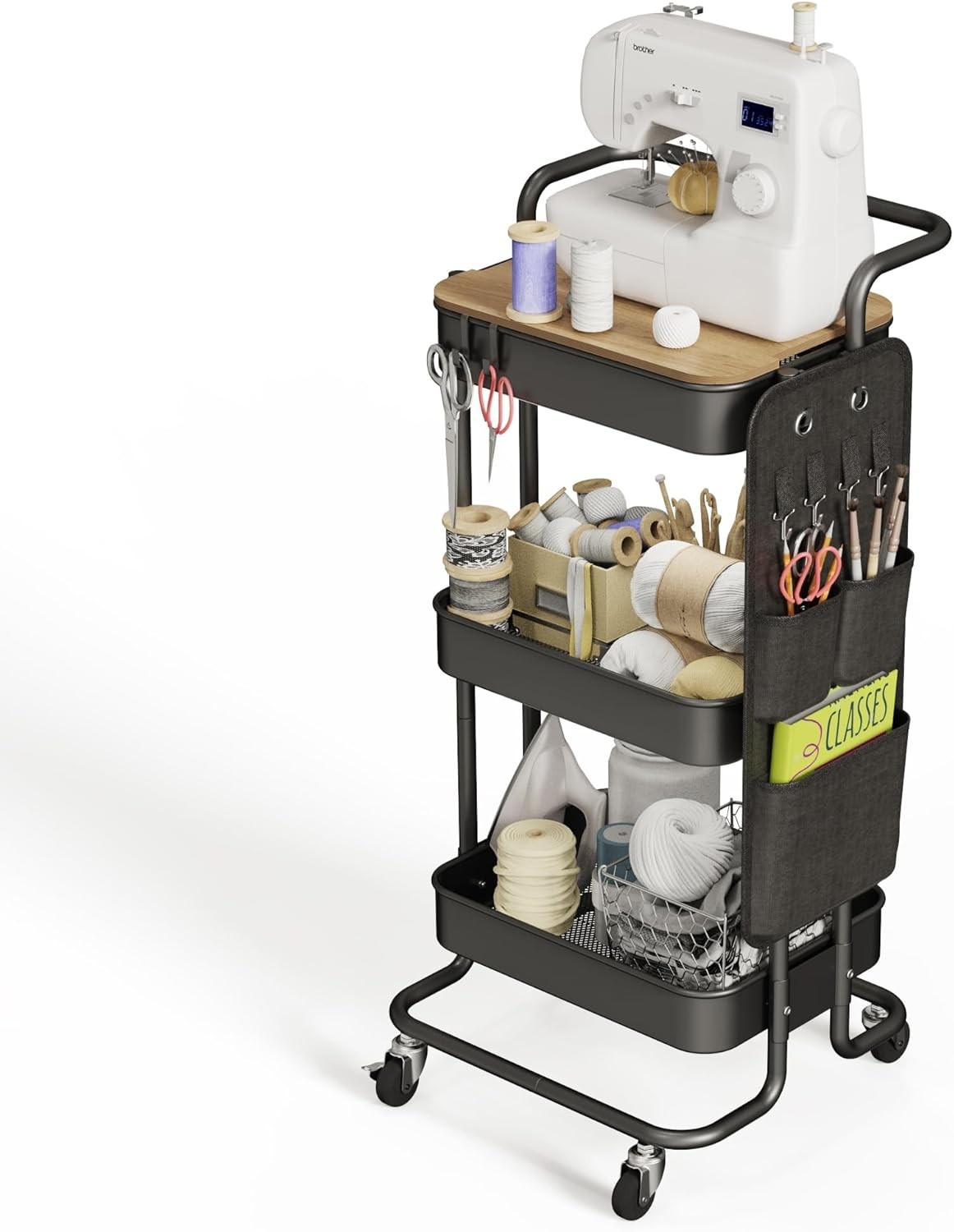 Versatile 3 Tier Metal Utility Rolling Cart with Locking Wheels - Black Finish