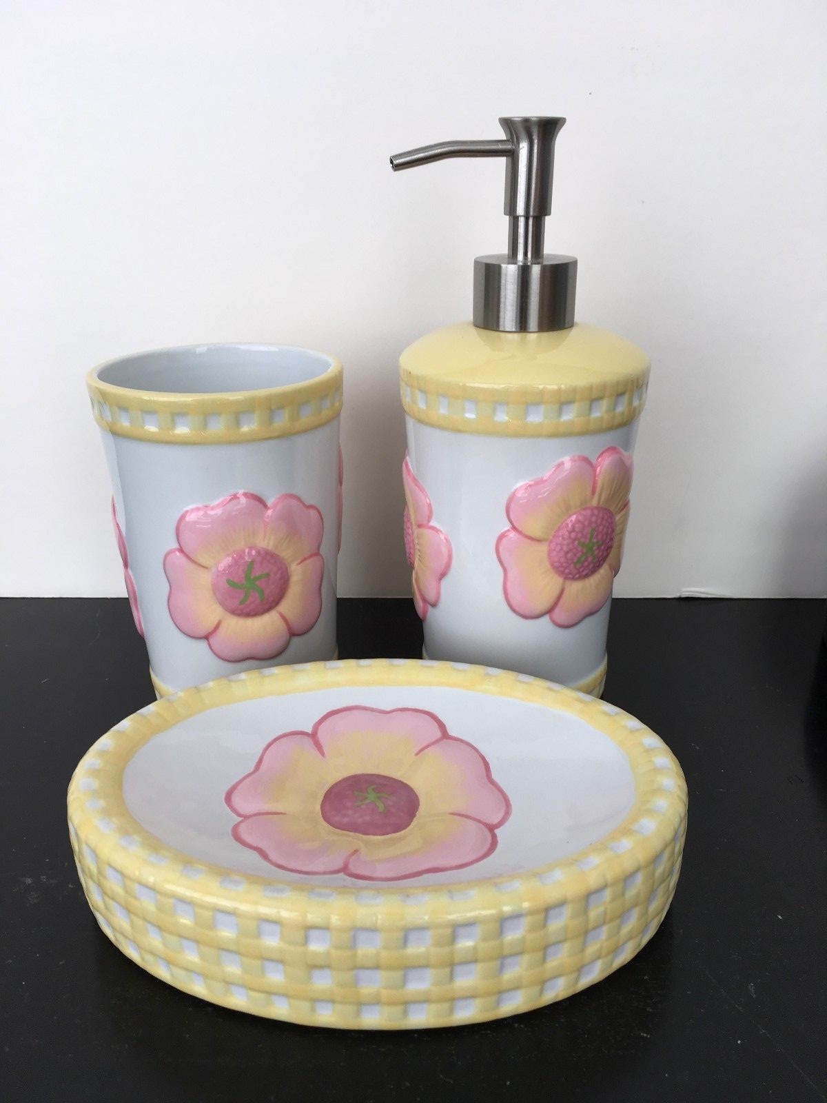 yellow & pink FLOWER BLOOM ~ 3 pc BATH SET ceramic Soap, Dispenser, Tumbler NEW
