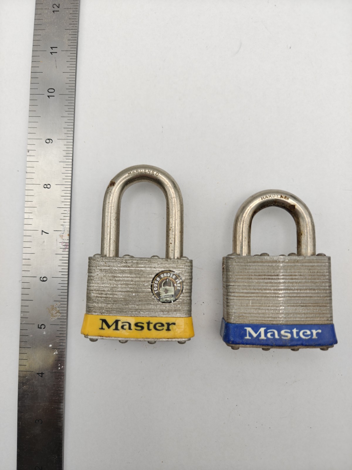 Lot of 2 Master Padlocks – Laminated Steel – Yellow & Blue – Heavy‑Duty No key