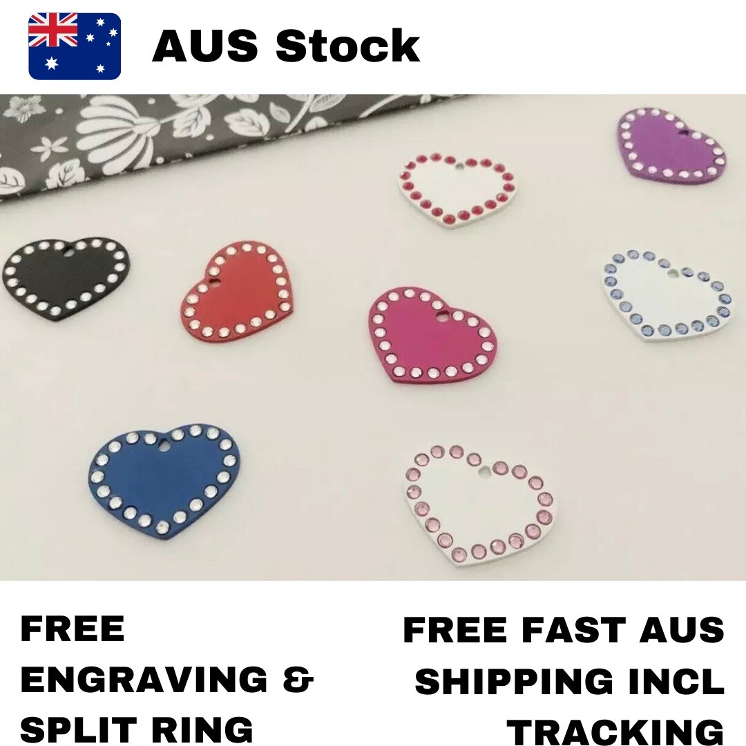 SMALL Crystal Heart Shaped Custom Pet ID Name Tag Cat Dog FREE ENGRAVE/POST