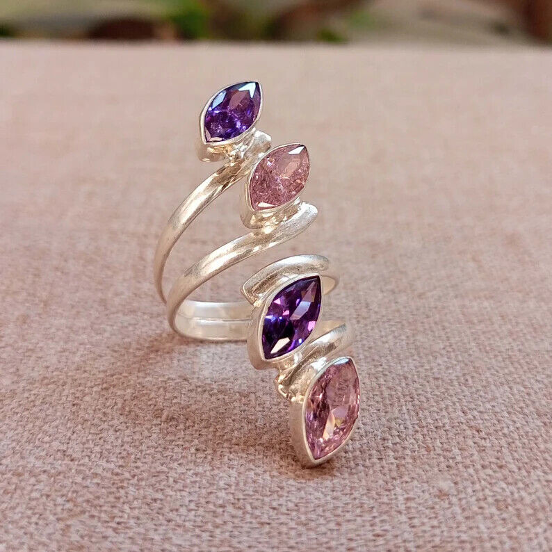 Rose Quartz & Amethyst Ring Solid 925 Silver Handmade Women Ring All Size SR219