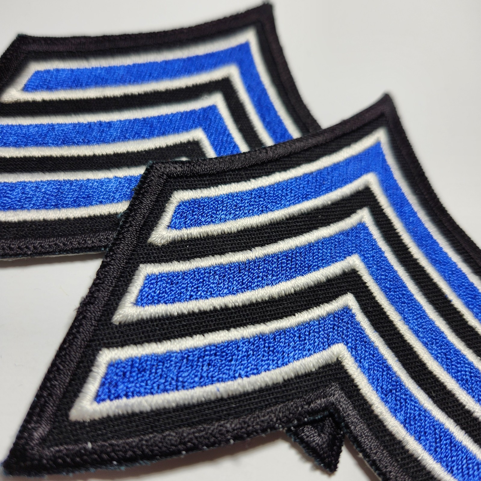 (2) Sergeant Chevron - 3.5" Wide - 3 Royal/White Stripes on BLACK Patch & Border