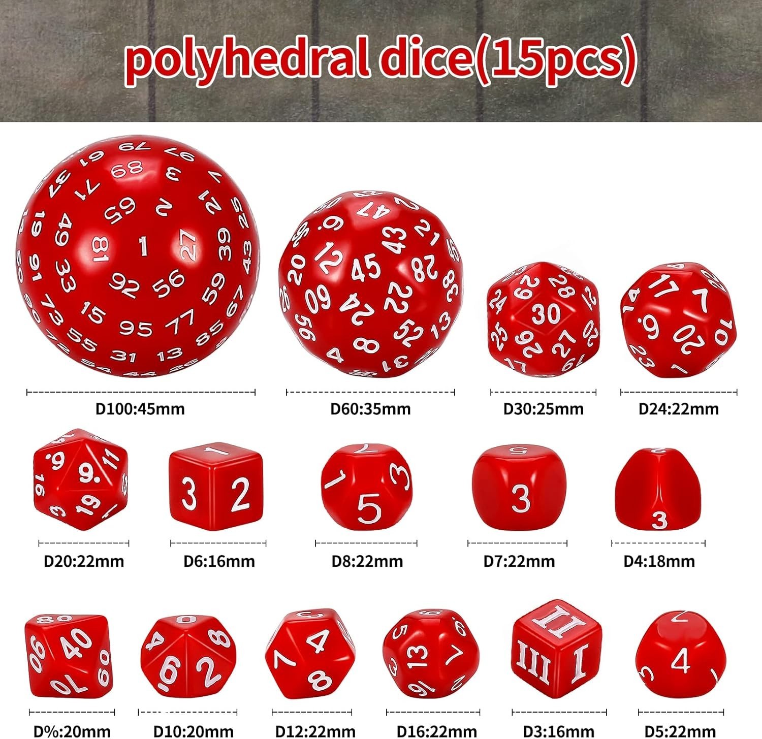 DND Polyhedral Dice Set Red White (15pcs) D4-D100 Game Dice with Dice Bag