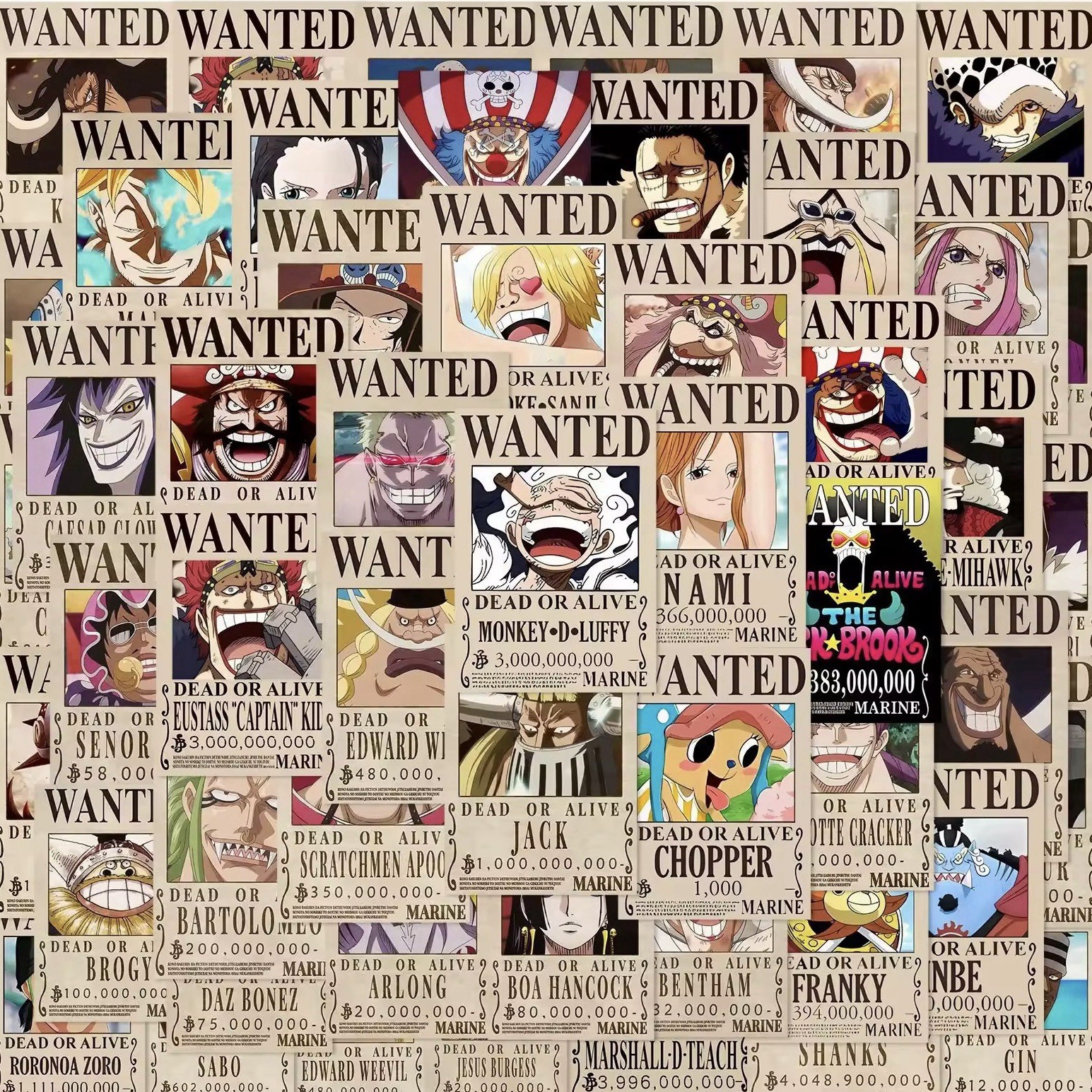 One Piece Wanted Poster Stickers - 50pcs - Anime Luffy OP - 4x6 Cm