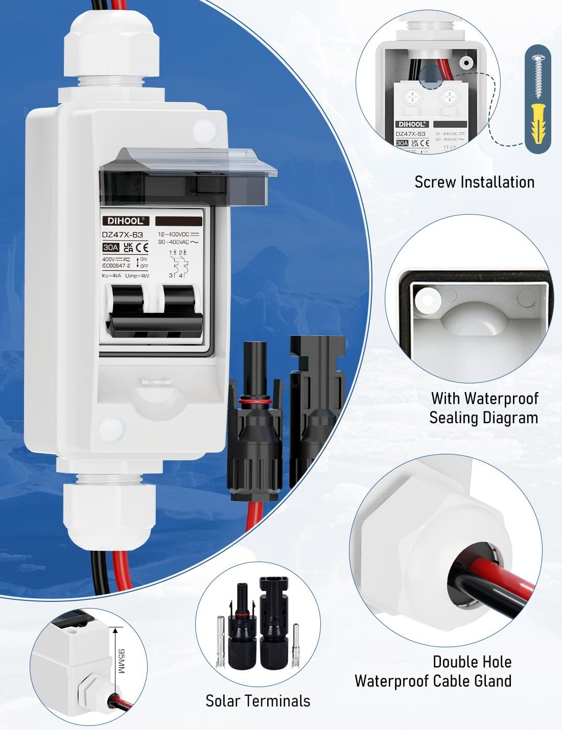 Non-Polarized 30 Amp Waterproof Circuit Breaker for Solar & EV Charging Systems