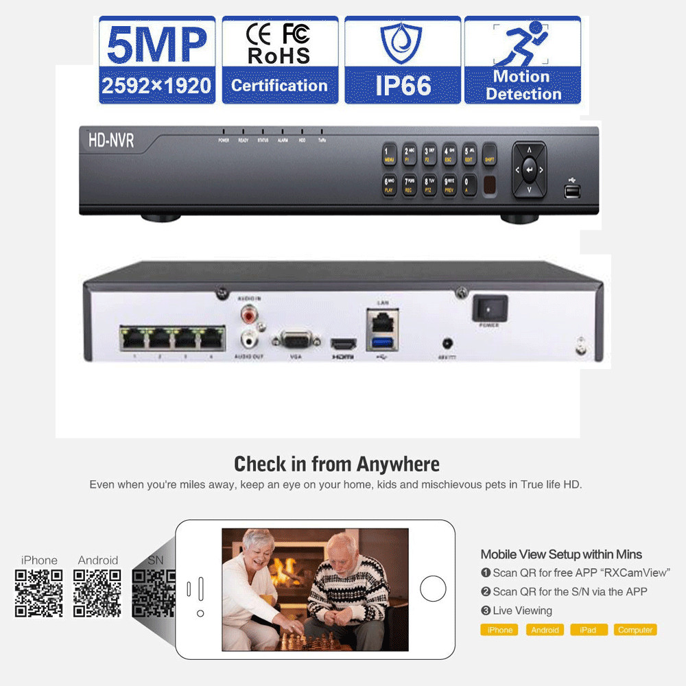 4CH H.265 NVR 2592x1920P 5MP PoE Dome 48IR IP IP66 ONVIF Security Camear System