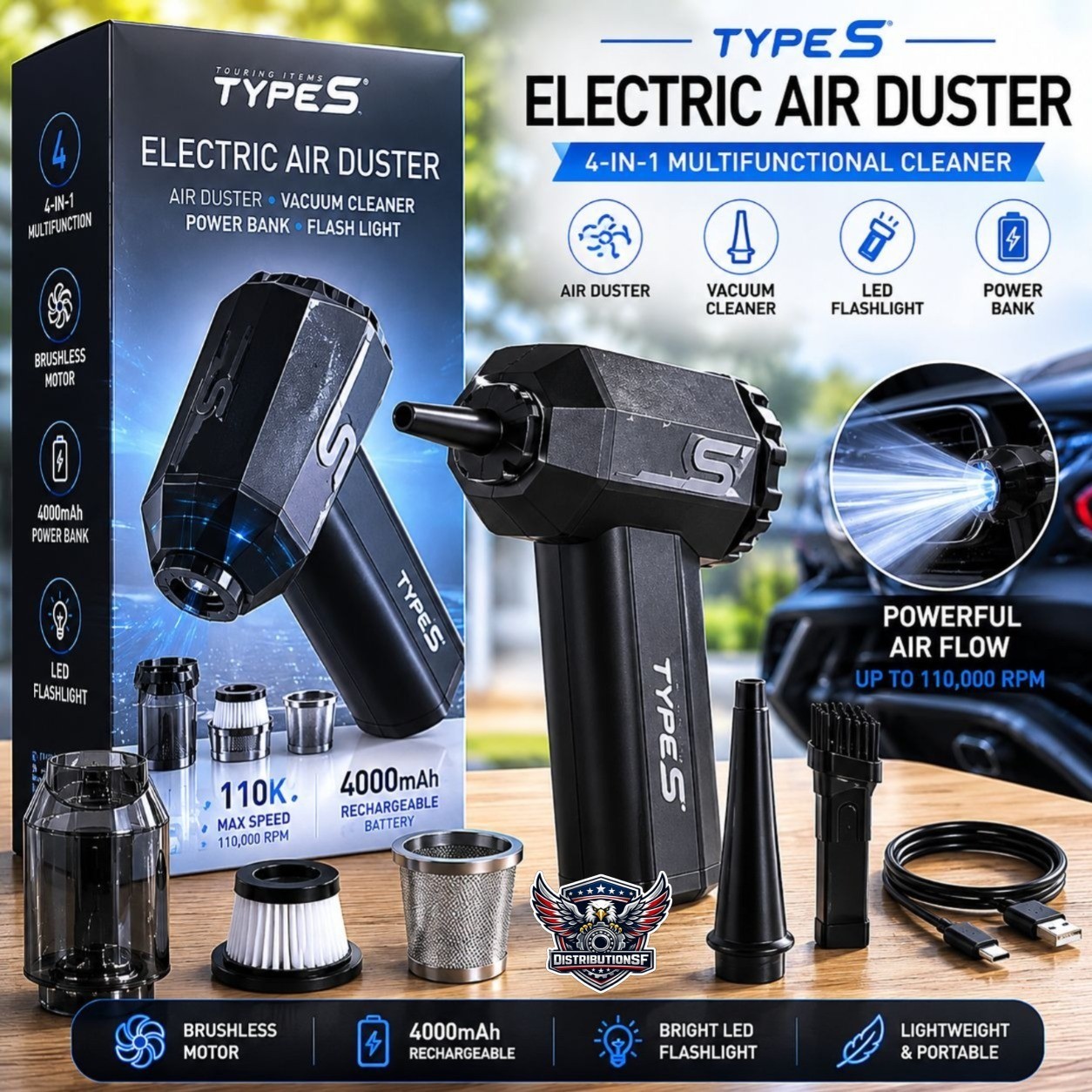 TYPE S Electric Air Duster 4-in-1 Cordless Vacuum Cleaner Air Blower Flashlight
