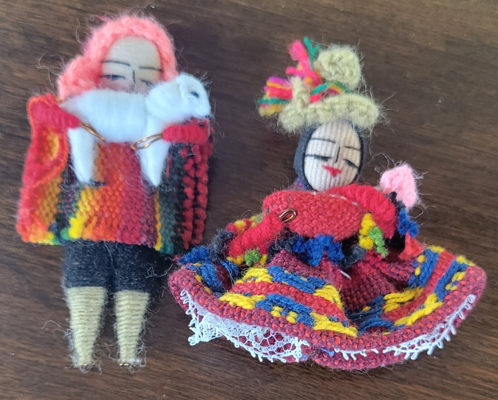 Vintage Pair Small Peruvian Folk Doll Handmade 2.50" Holding Lamb And Baby