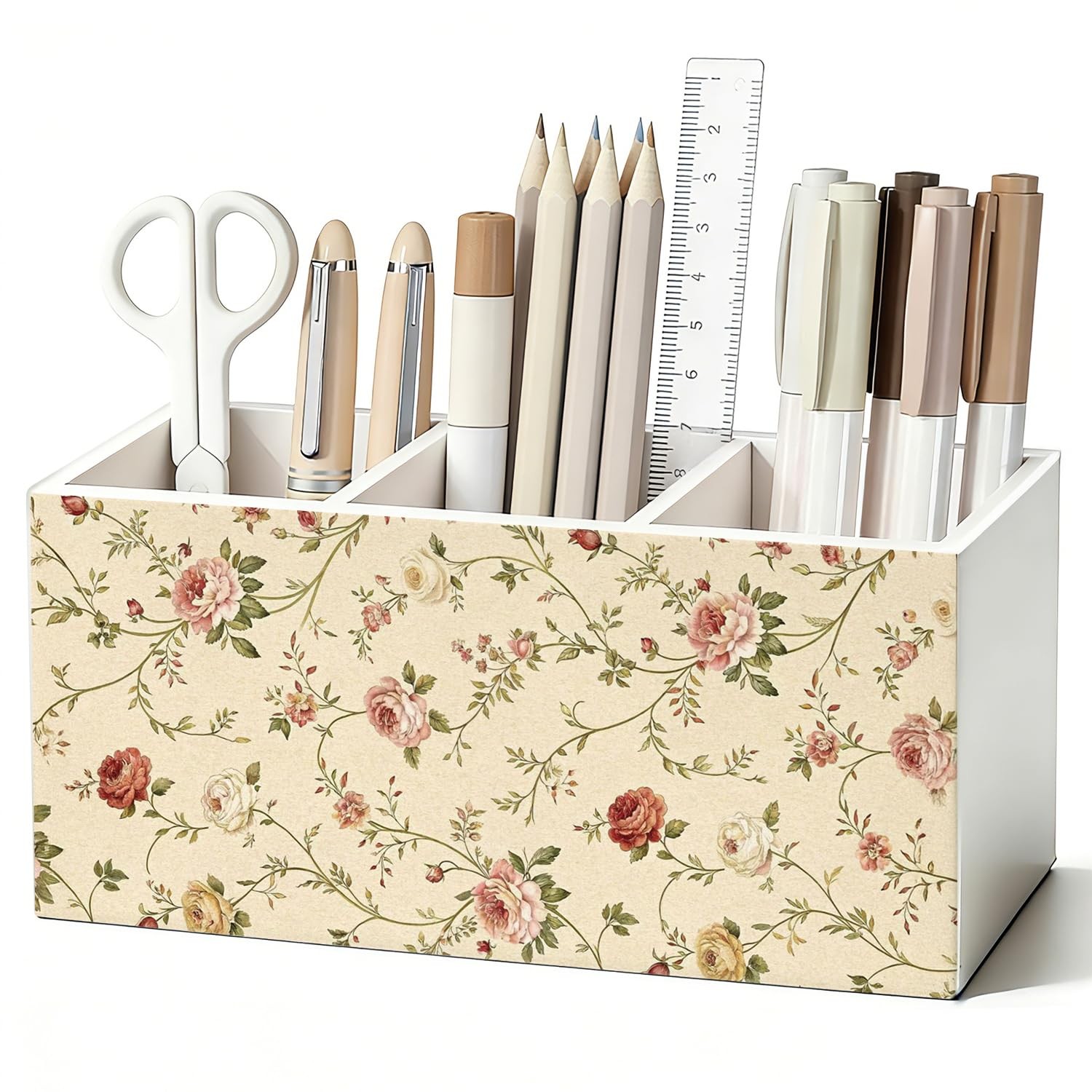 Vintage Floral Pen Pencil Holder for Desk, Neutral Cottagecore Flower Botanic...