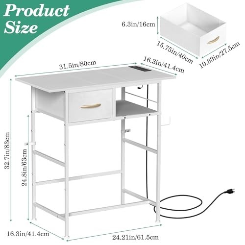 Compact Makeup Desk with Charging Station, Small Vanity Table & Drawer, White