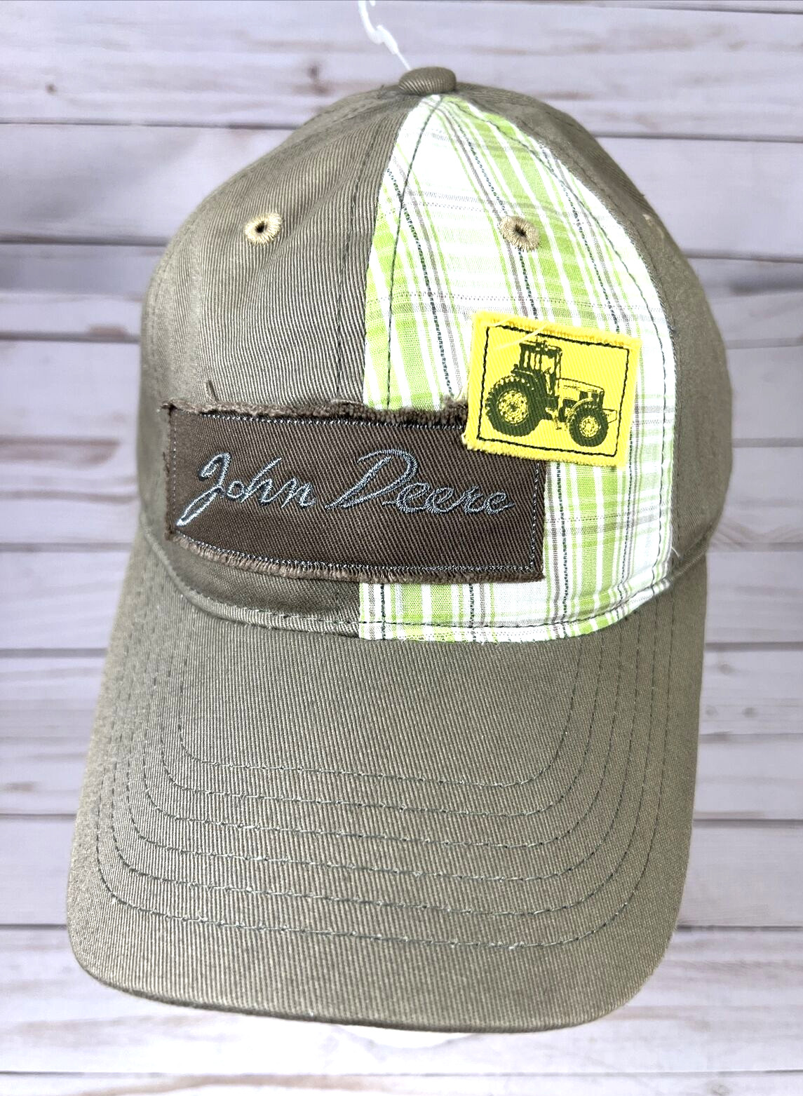 John Deere Tractor Youth Tan Green Plaid Cap Hat MPC Productions Louisville NEW