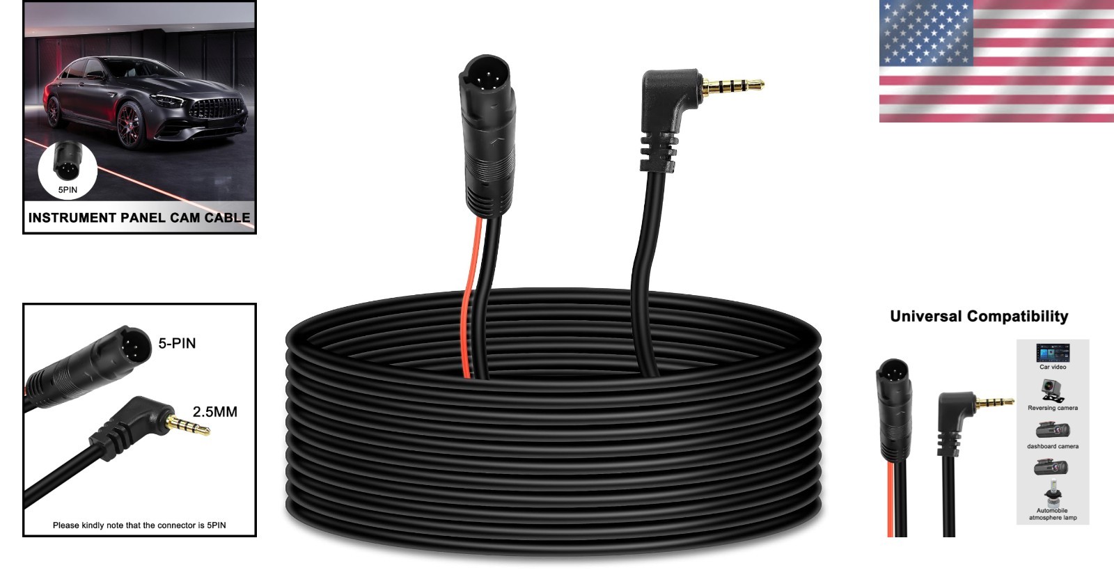 Waterproof 32.8FT 5 Pin Dash Camera Cable - Ideal for Reverse and Ambient Light