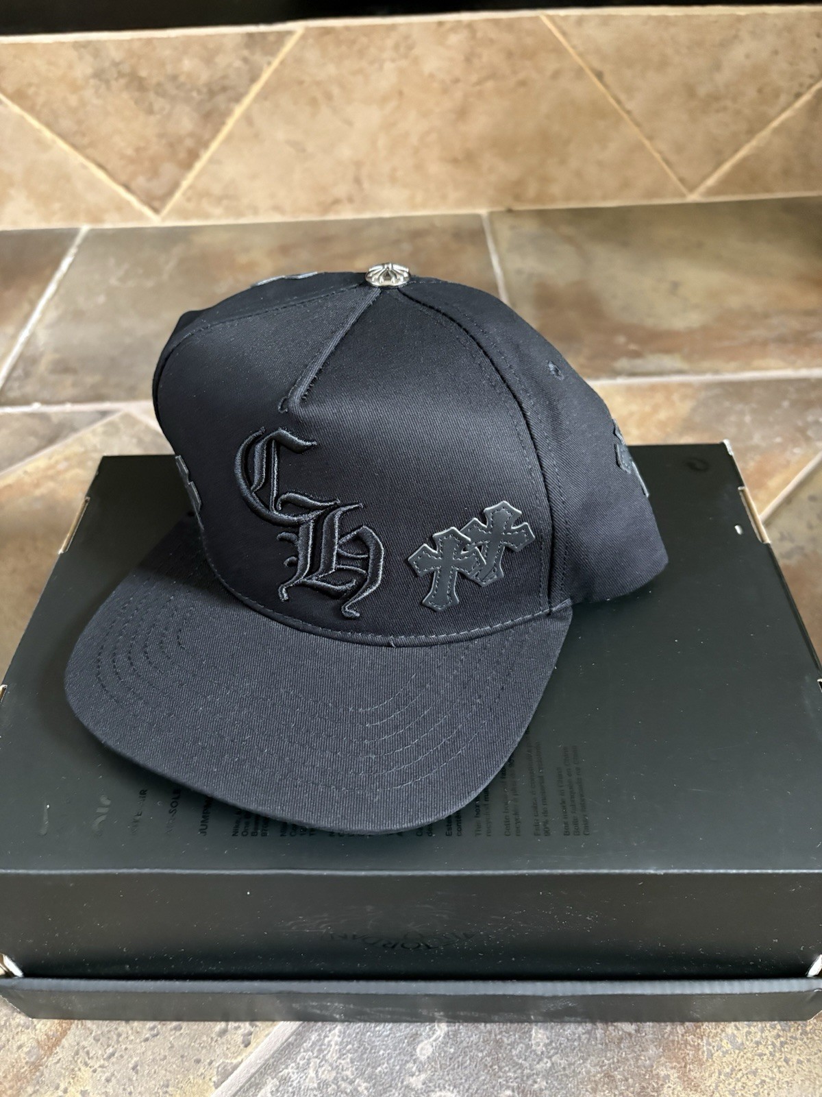 Black Baseball Cap Hat w/ Embroidered Letter Logo & Cross Patches