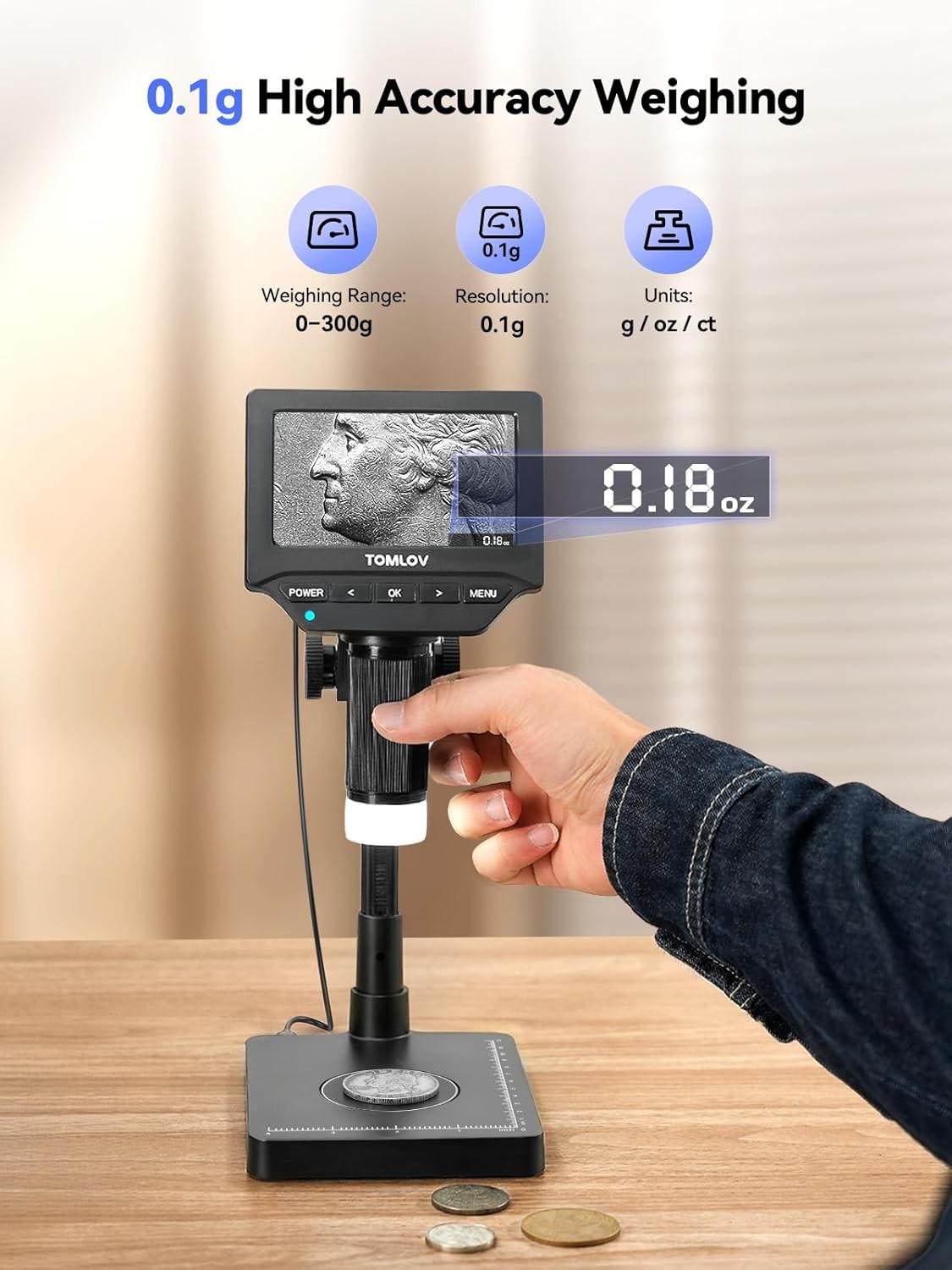 TOMLOV 200X Digital Microscope with Screen Error Coin Collector Scale Microscope