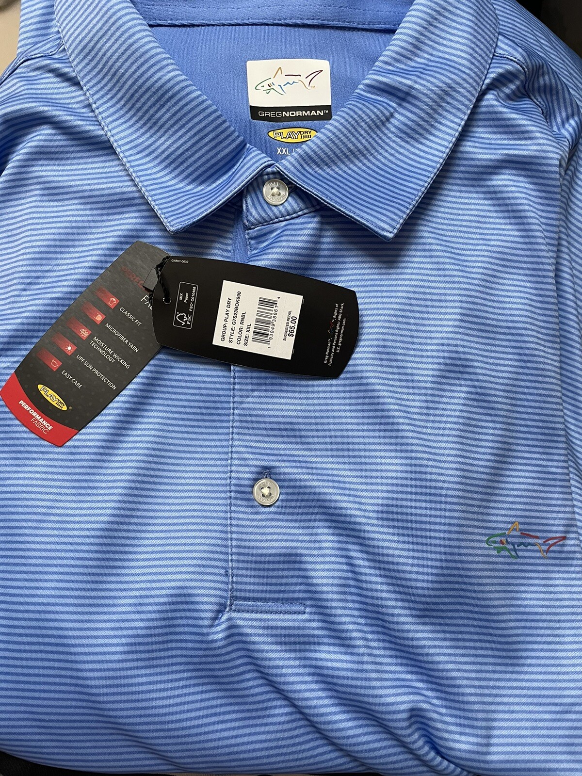 NEW GREG NORMAN XXL Golf POLO Shirt Blue Stripe NWT $65 Play Dry