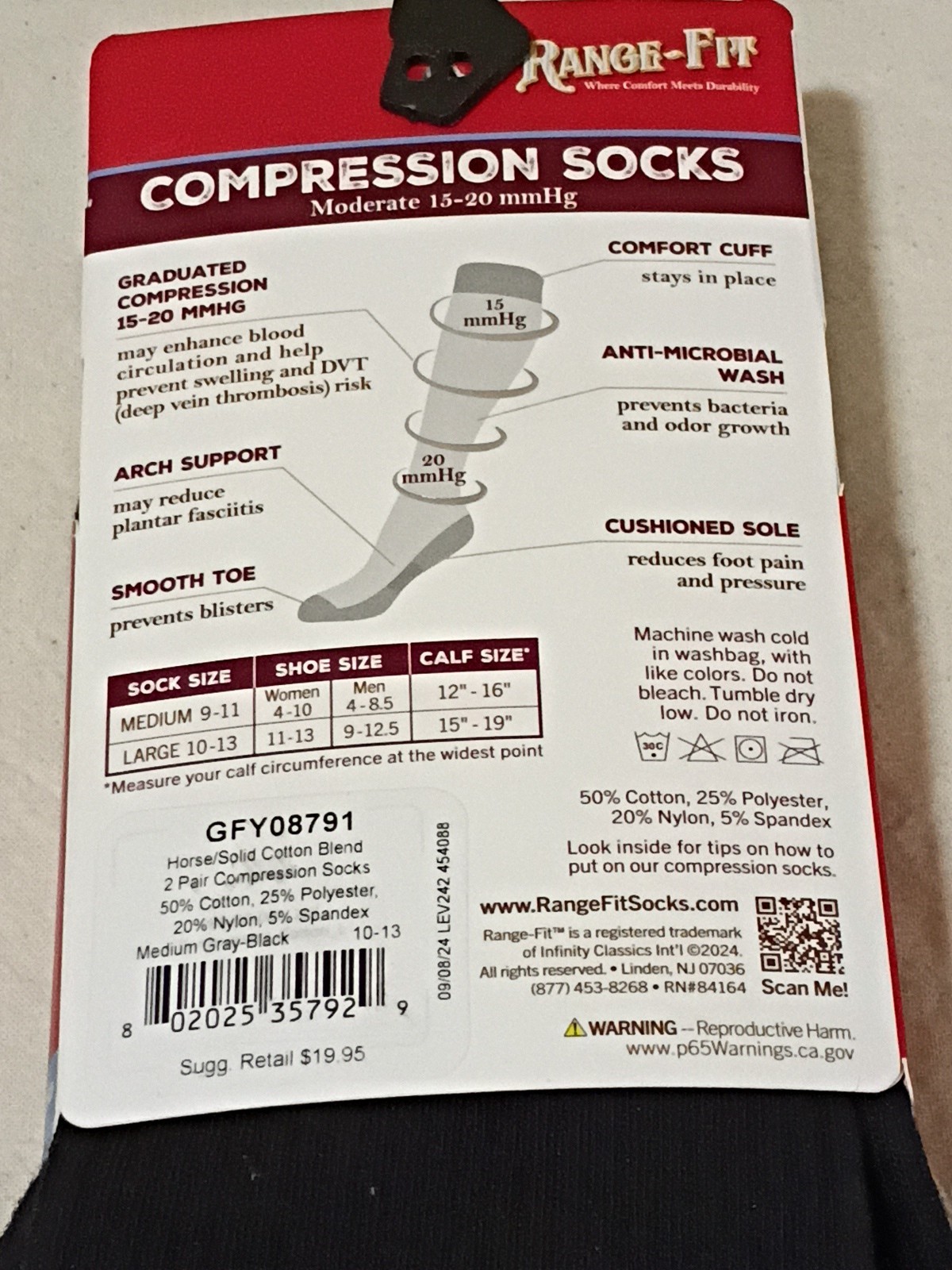 Range-Fit Compression Socks Knee High Size 10-13 15-20 mmHg 2 Pair D12