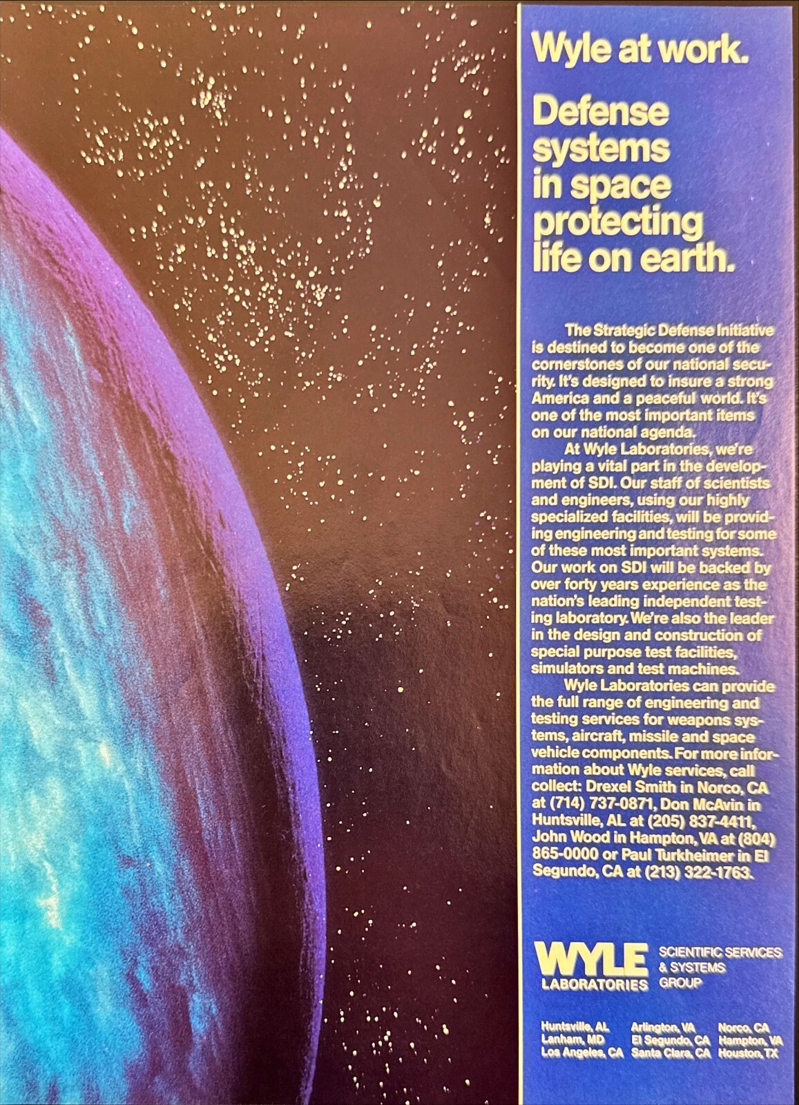 Wyle Laboratories SDI Strategic Defense Initiative Space Vtg Magazine Ad 1986